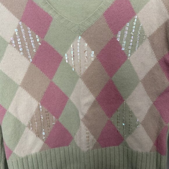 Tommy Hilfiger Pullover Sweater Colorblock Argyle Wool Angora Green Sequin - Picture 6 of 10